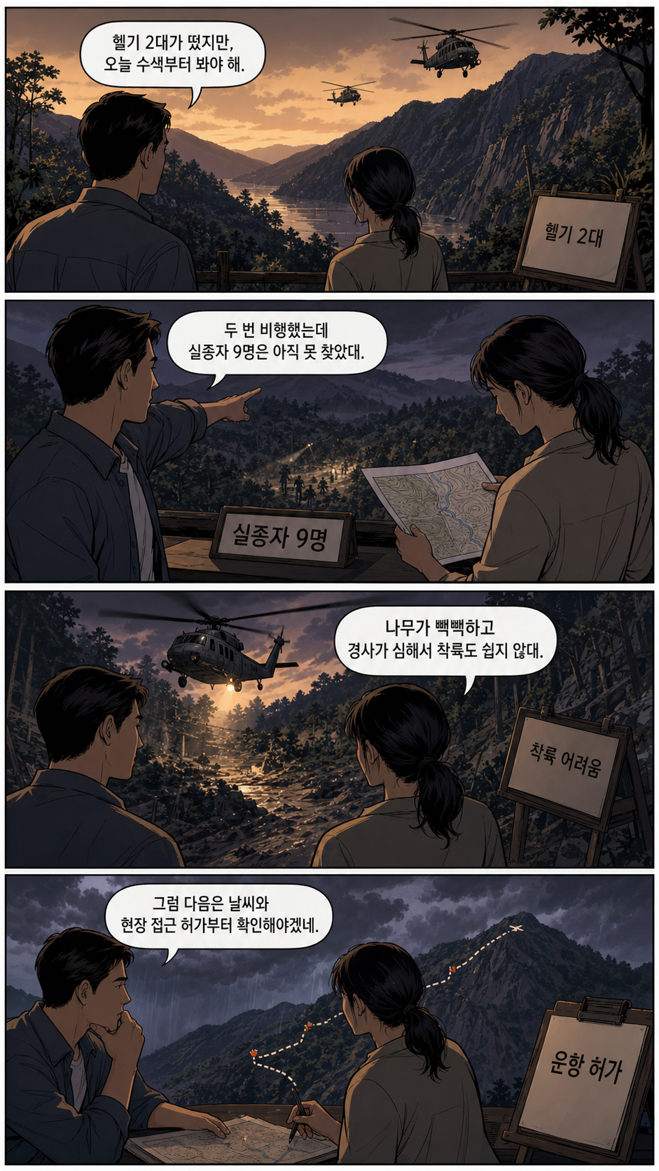 네팔 대홍수 현장에서 한국 대응팀 헬기 수색의 제약과 현재 상황을 보여주는 설명 만화