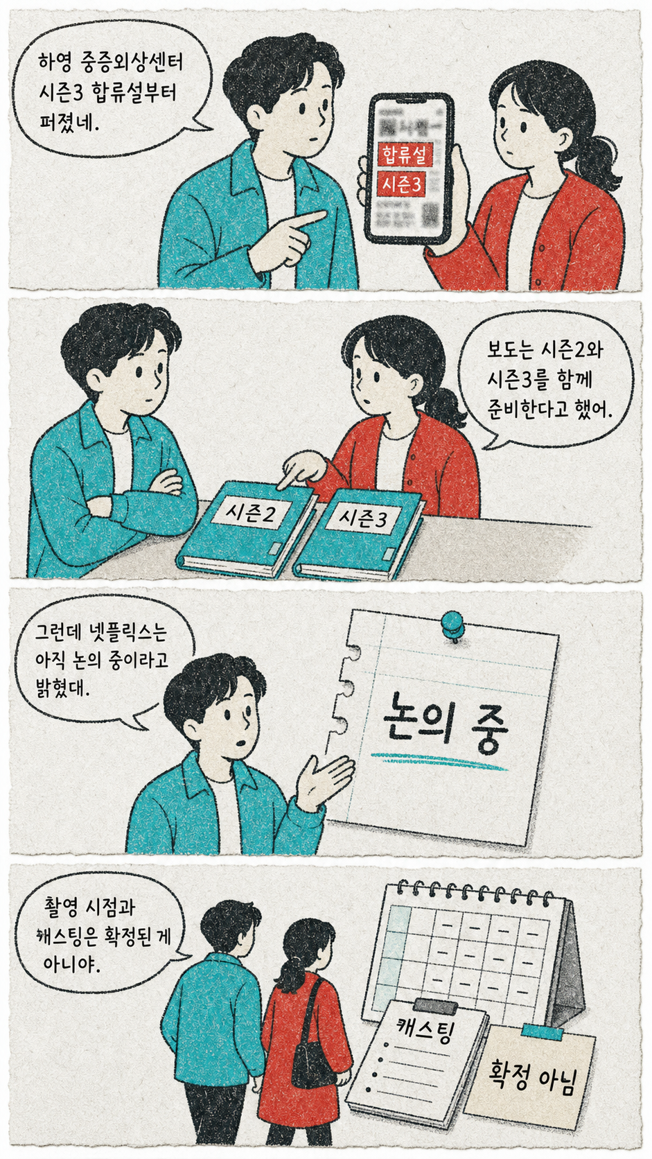 하영의 중증외상센터 시즌3 합류설과 넷플릭스의 논의 중 입장을 비교하는 네 칸 설명 만화