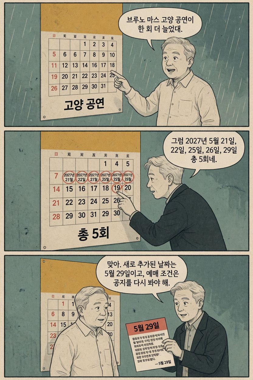 브루노 마스 내한 공연이 총 5회로 늘어난 사실을 설명하는 만화