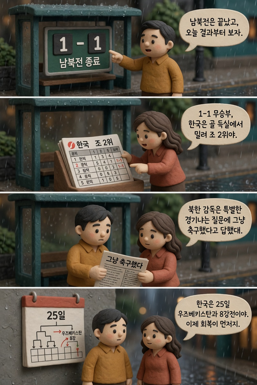 아시안게임 여자축구 남북전 결과와 한국의 8강 일정을 설명하는 4컷 만화