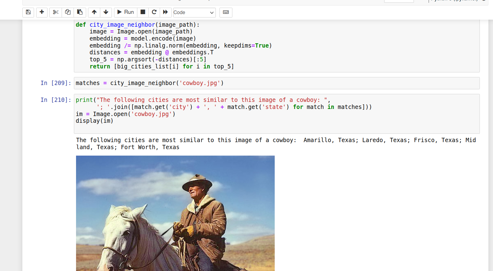 Cowboy image with language-vision model output displayed above