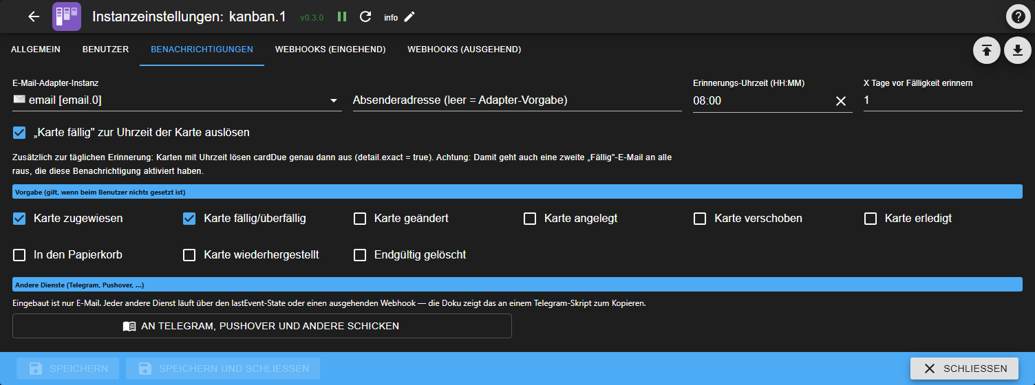 Instanzeinstellungen, Tab Benachrichtigungen