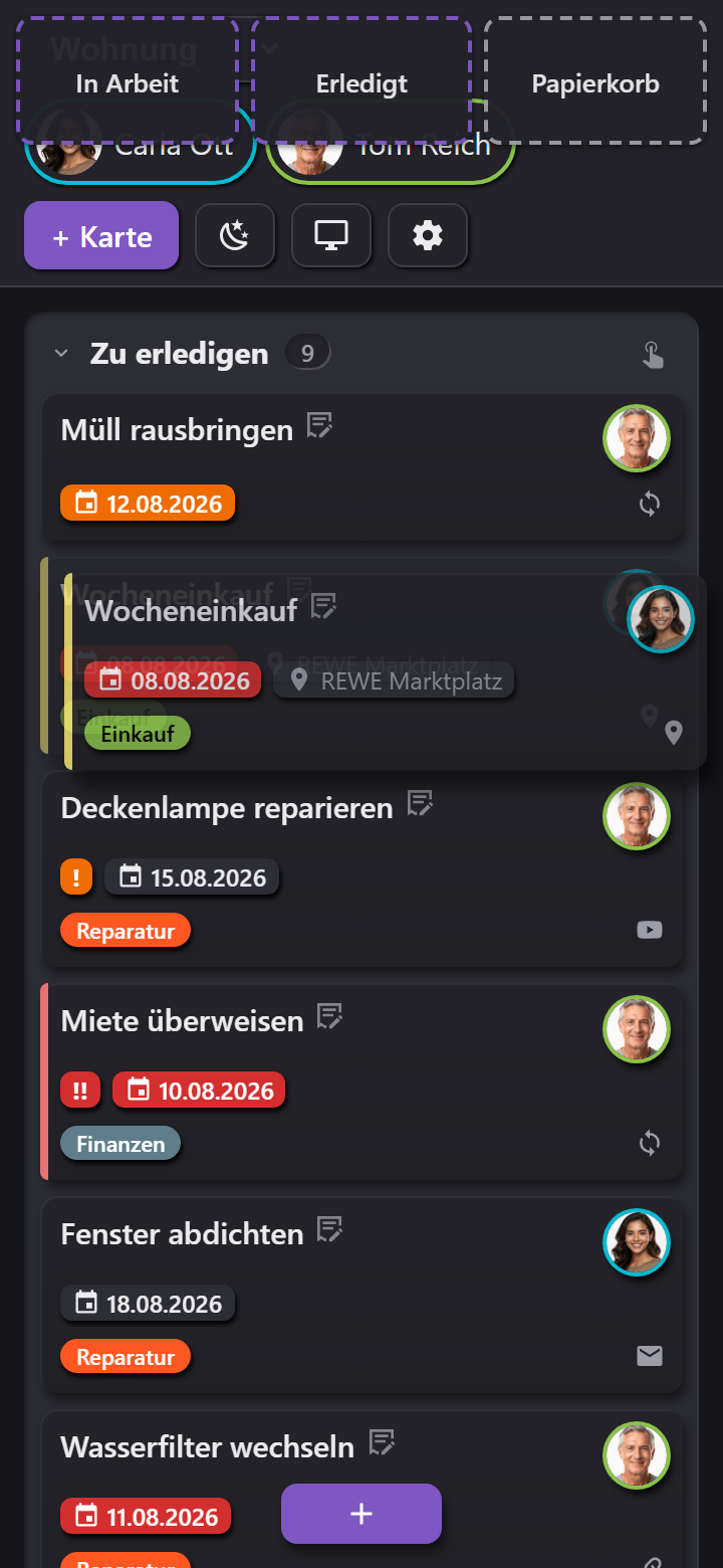 Mobile Ansicht, Schnellmenü beim Ziehen einer Karte