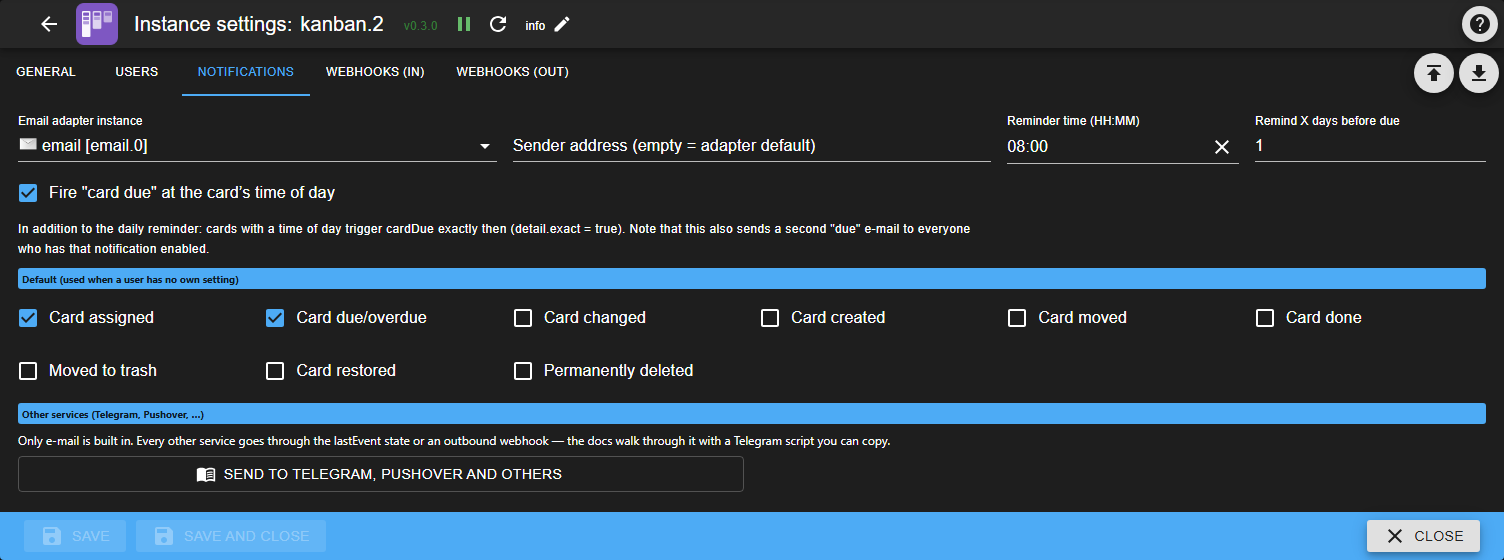 Instance settings, Notifications tab