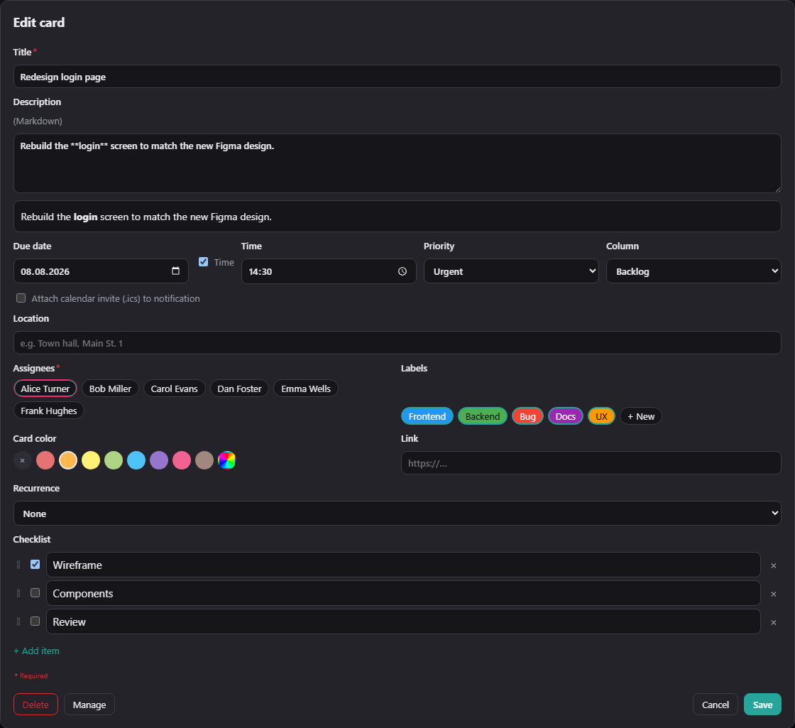 Card editor with all fields