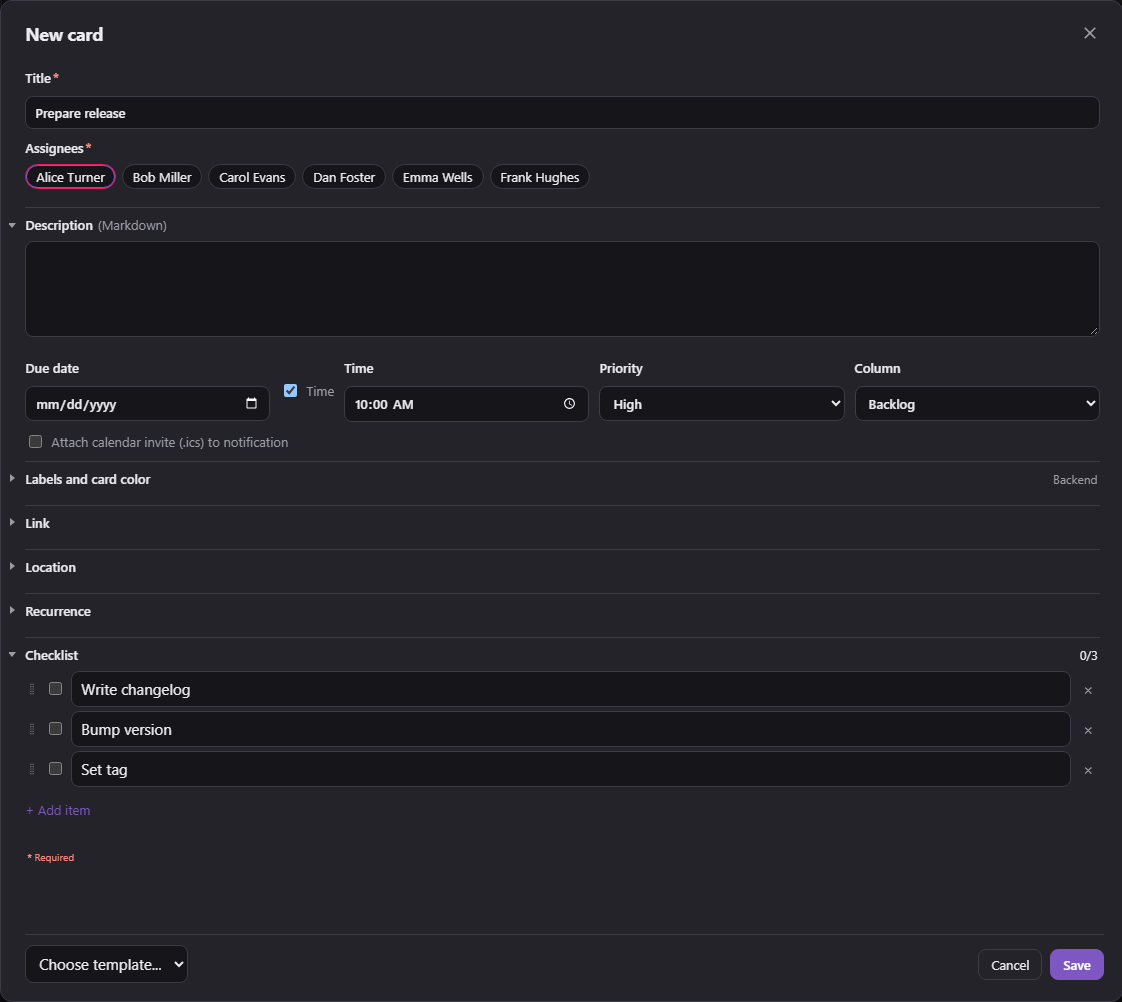 New card in the editor, filled from a template, with the picker at the bottom left