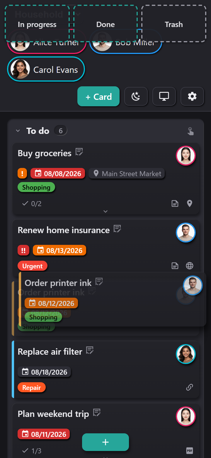 Mobile view, quick-move row while dragging a card