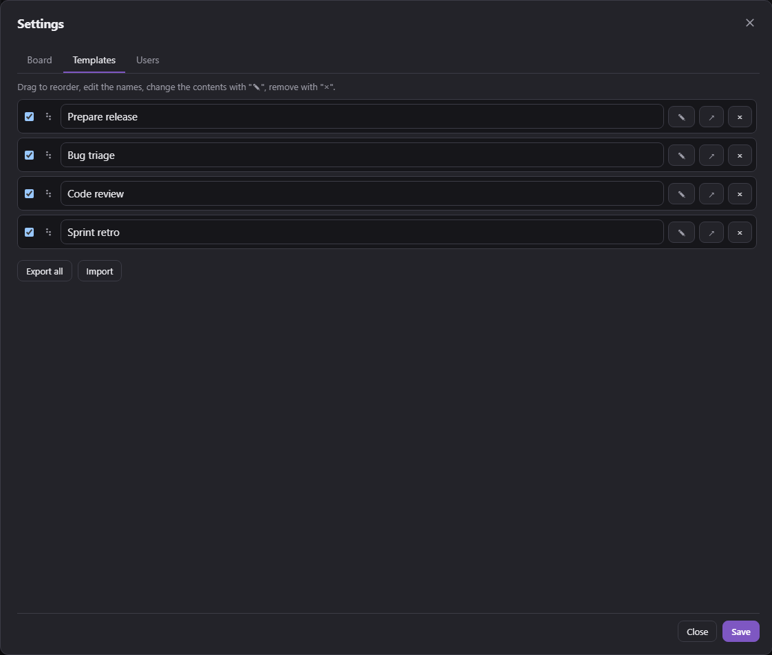 Settings, Templates tab