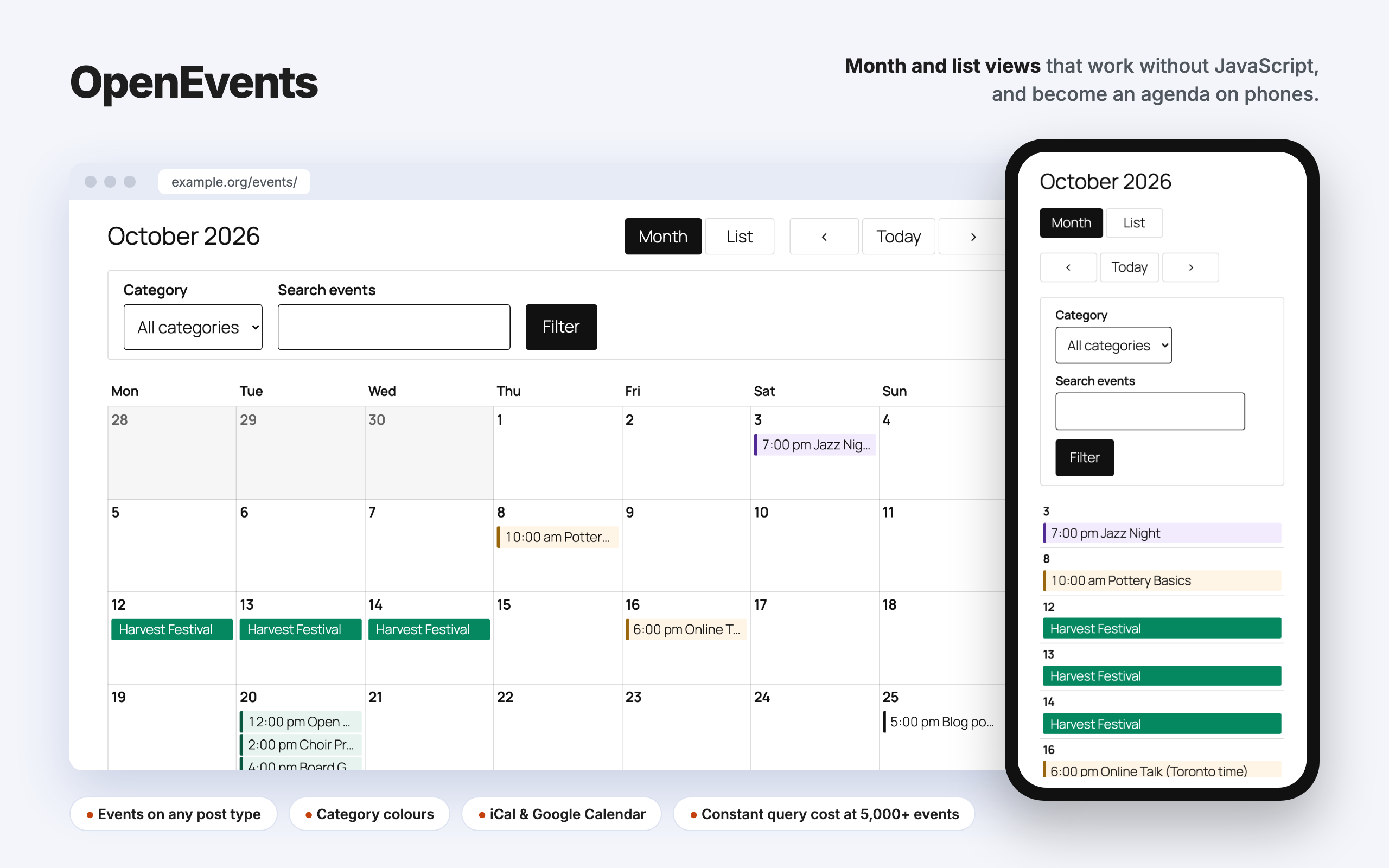OpenEvents: a month calendar on desktop that becomes an agenda on phones