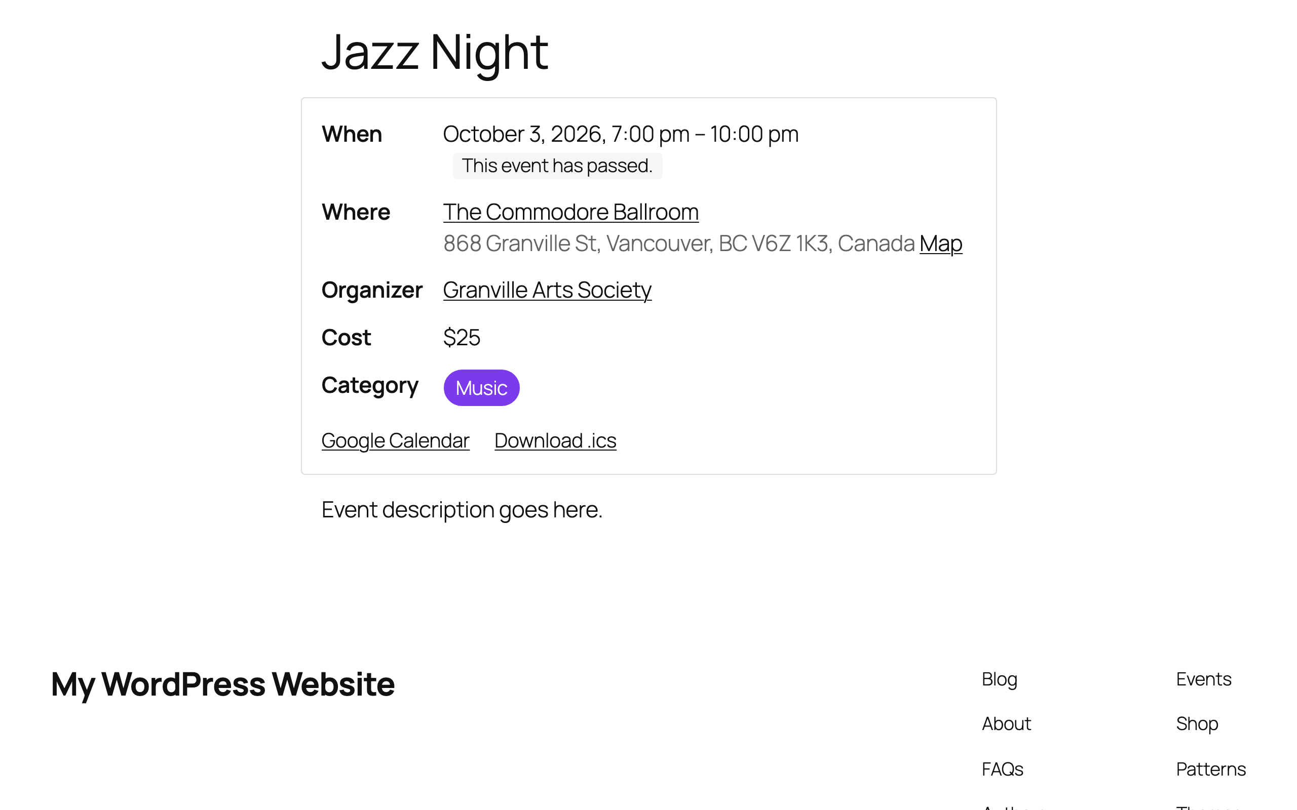 Event page with date, venue, organizer, cost, and calendar links