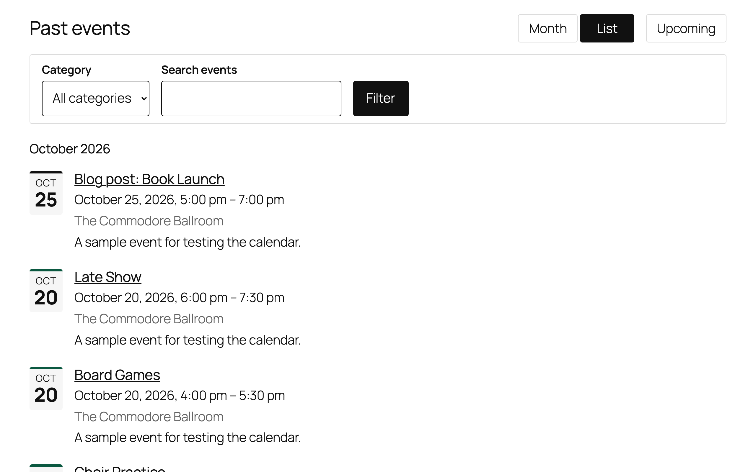 List view of past events, grouped by month