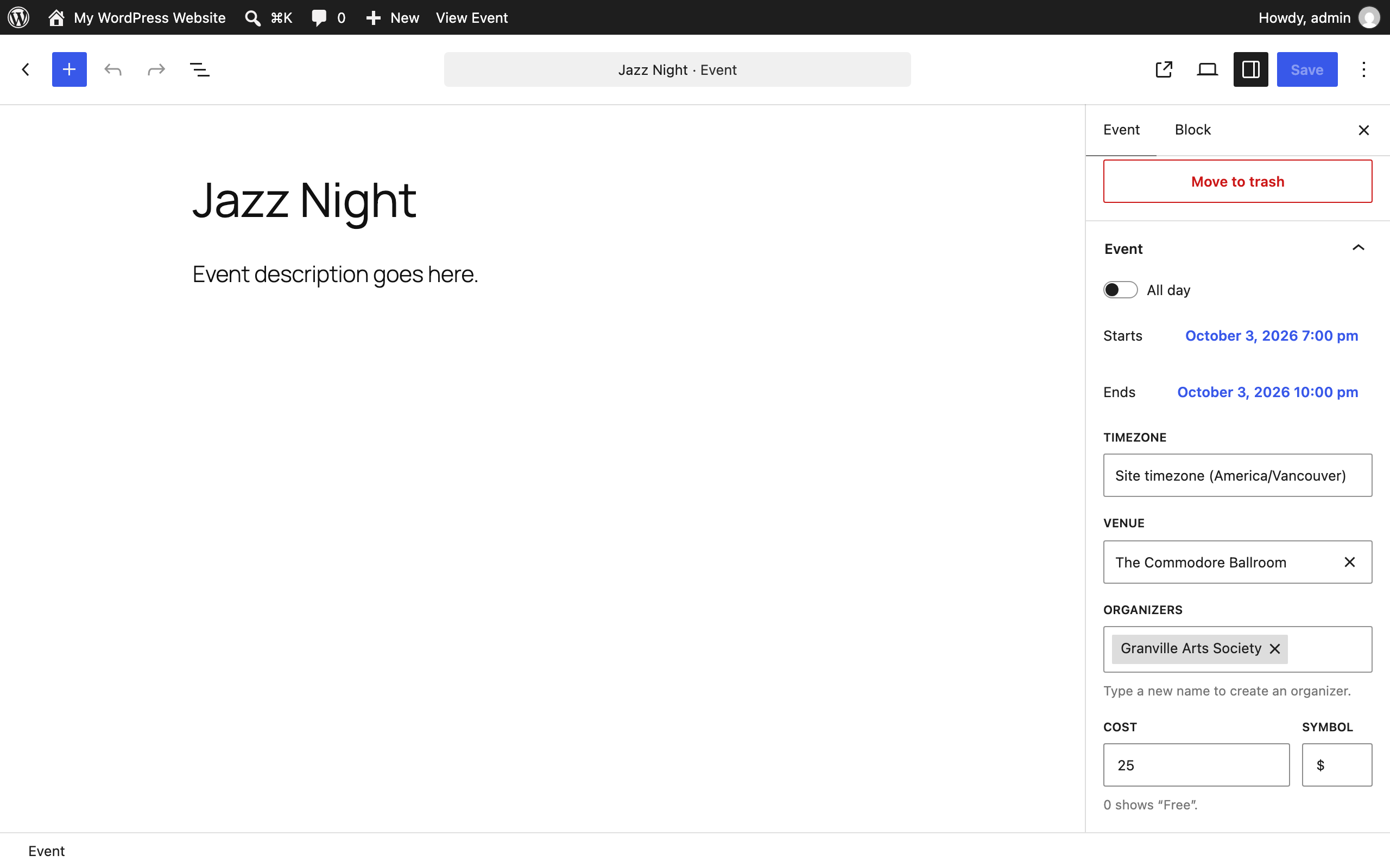 Event panel in the block editor sidebar