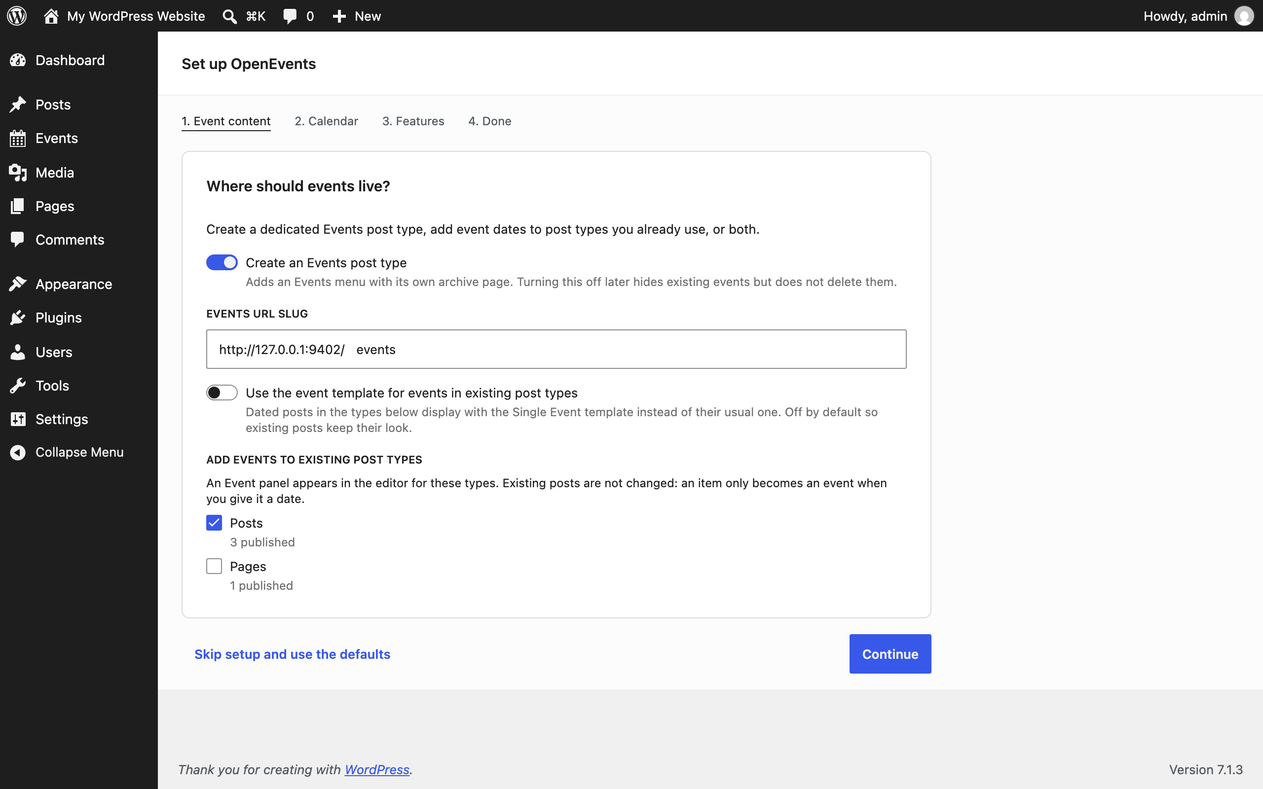 Setup wizard asking where events should live