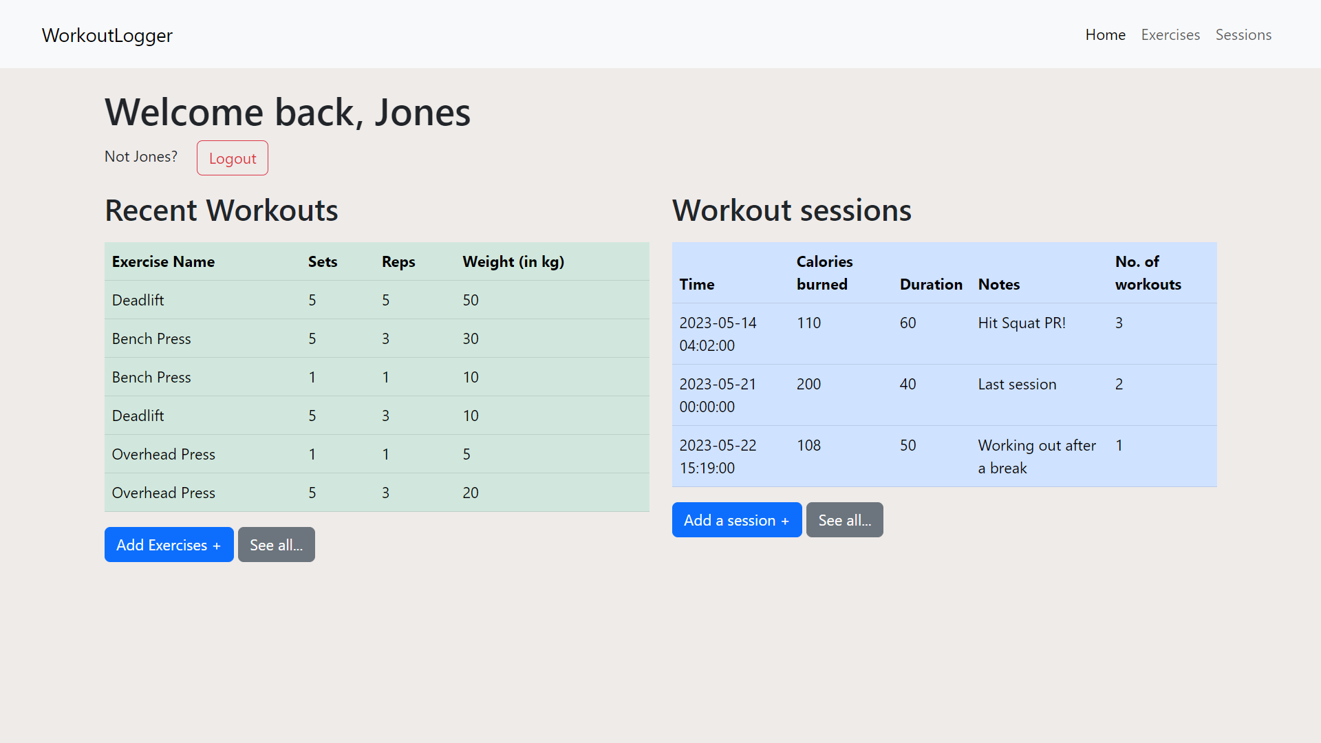 Image of the app index page showing all workouts and sessions