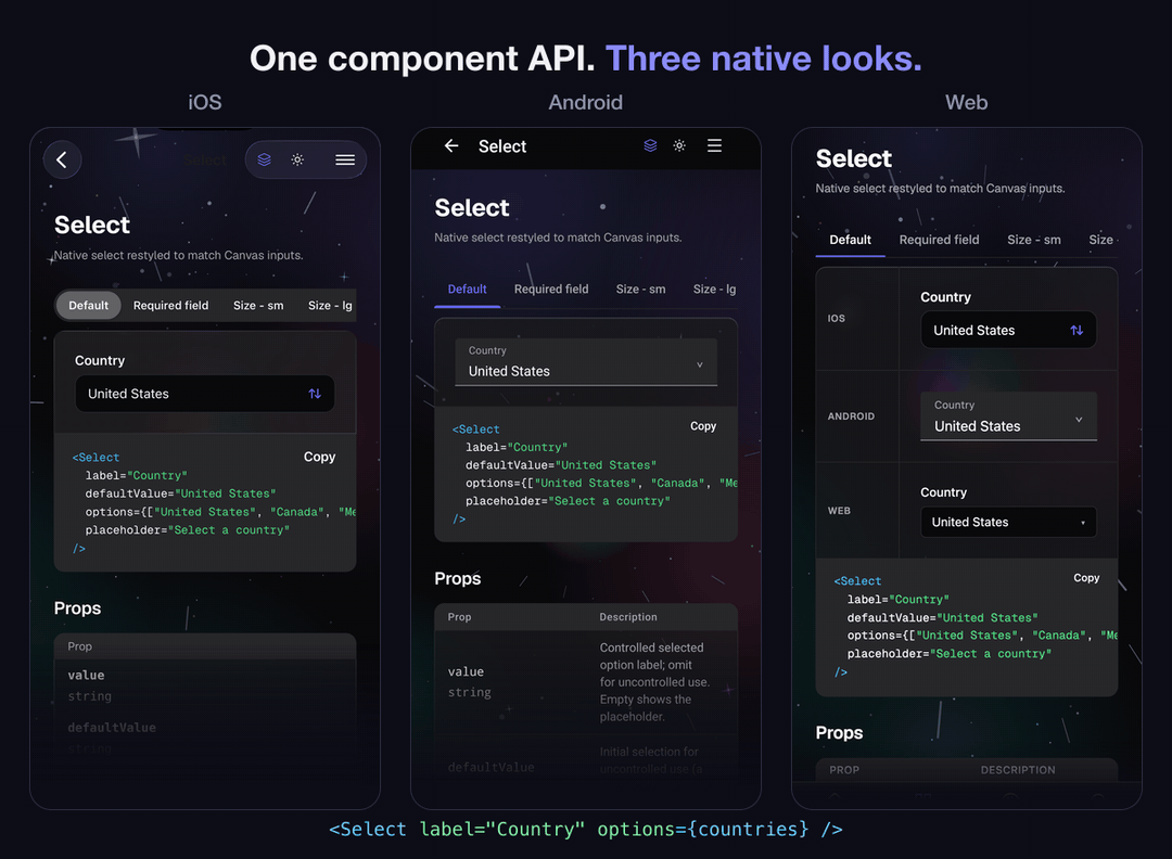 The same Canvas component rendered as native iOS, Material 3 Android, and web, side by side