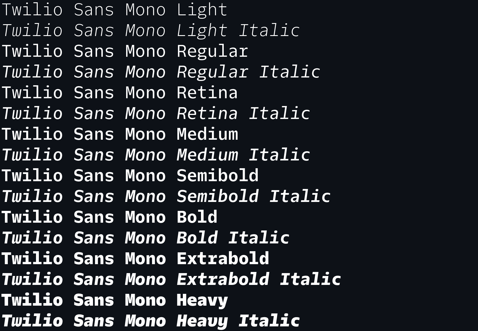Screenshot of the included weights of Light, Medium, Regular, Retina, Semibold, Bold, Extrabold and Heavy as well as their respective italics versions