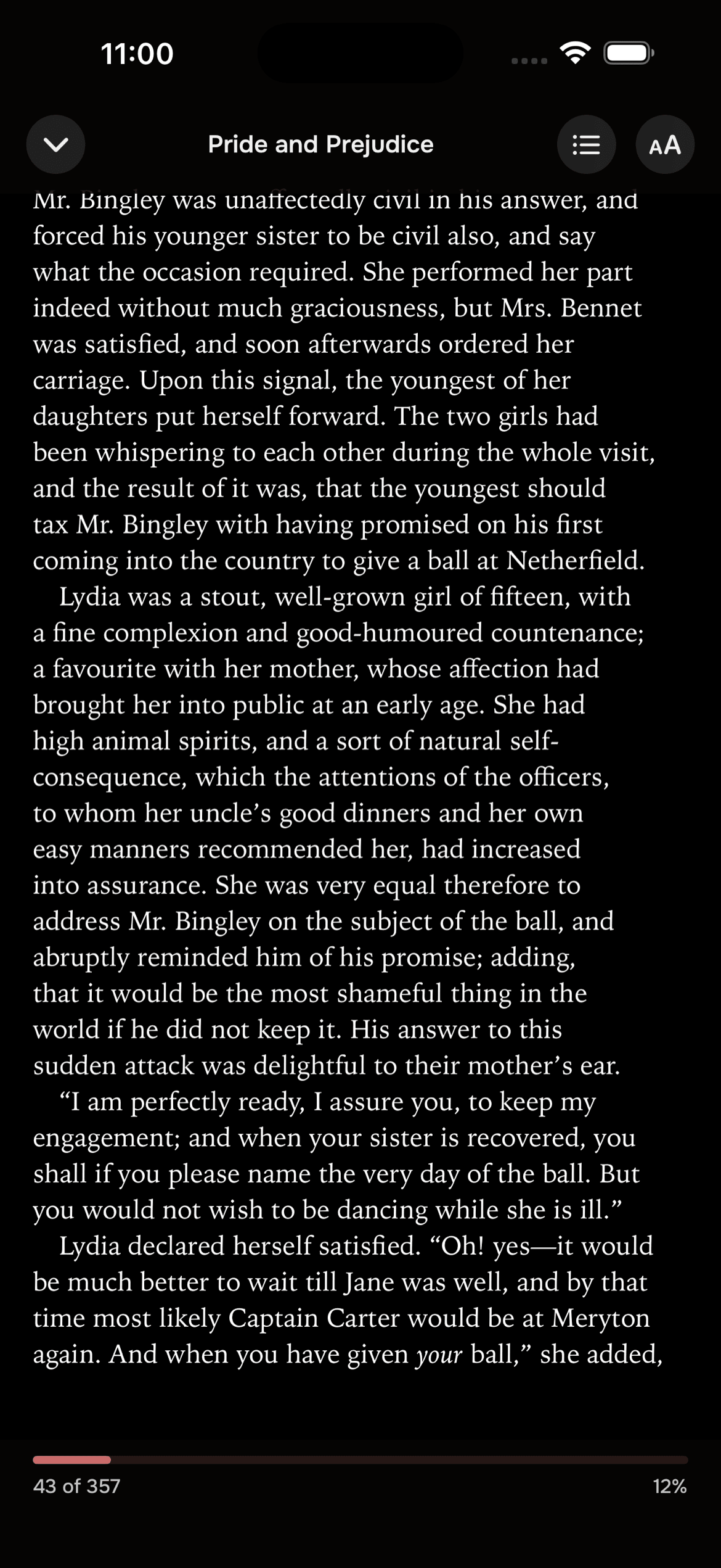 The reader, open on a downloaded book