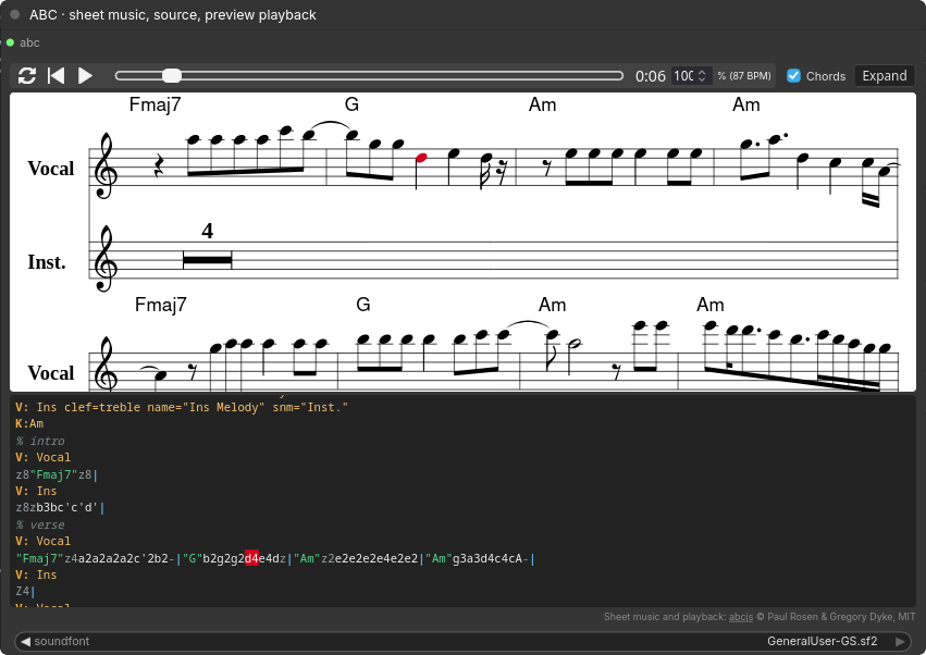 ABC Preview node during playback: sheet music above the highlighted ABC source, with the sounding note in red in both
