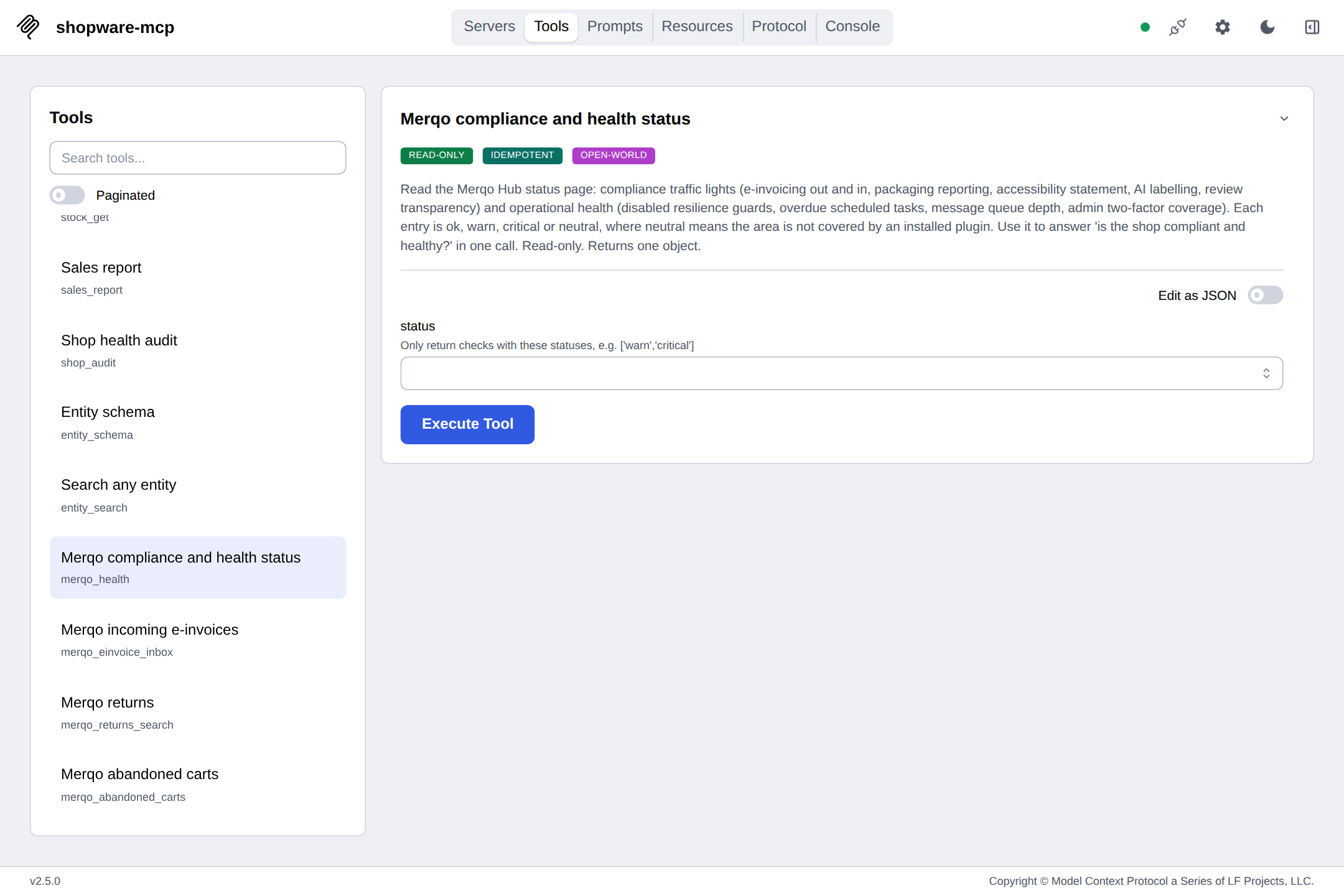 The tool list with plugin-aware tools registered