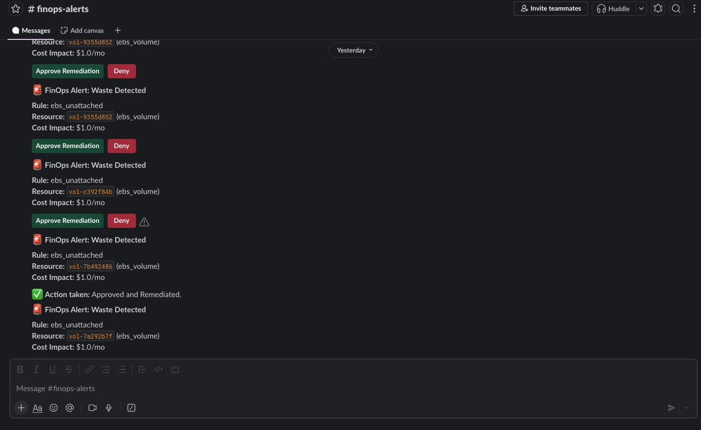 A Slack interface screenshot showing an interactive bot message asking permission to approve remediation for an EBS volume with primary and deny buttons