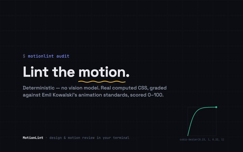 motionlint audit running in a terminal: the demo app's /loading route scores 64/100 with findings across duration, easing and accessibility