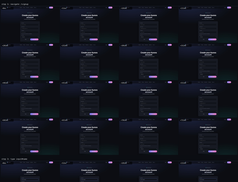 A flow burst-capture contact sheet: timestamped frames of the signup form animating, laid out in a grid — this is what the vision model reviews