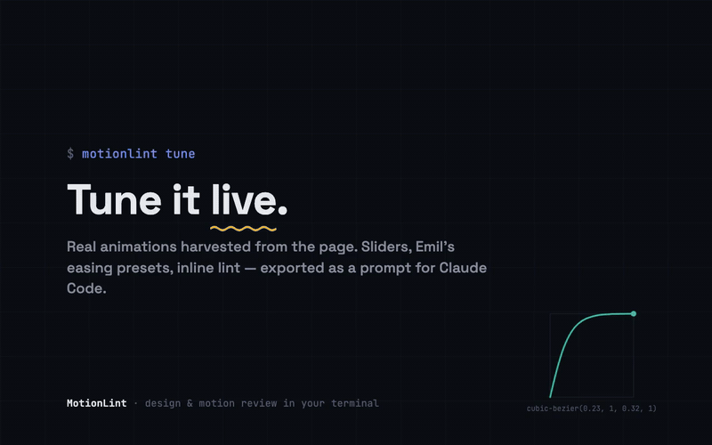 The Animation Tuner: replaying a detected animation, dragging its duration slider from 300ms to 150ms, then applying the ease-out (Emil) preset