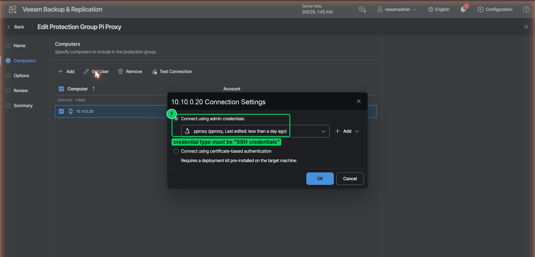 Figure 3. Connection settings for the proxy. The credential type must be "SSH credentials".