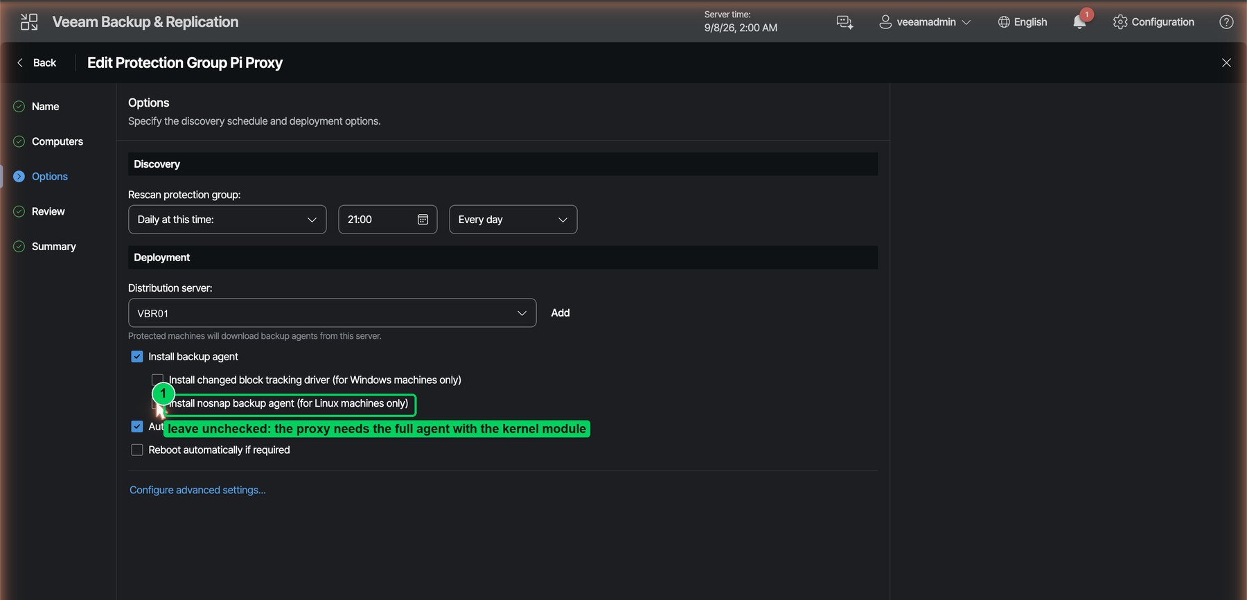 Figure 4. Deployment options. "Install nosnap backup agent" stays unchecked so VBR deploys the full agent and kmod-blksnap.