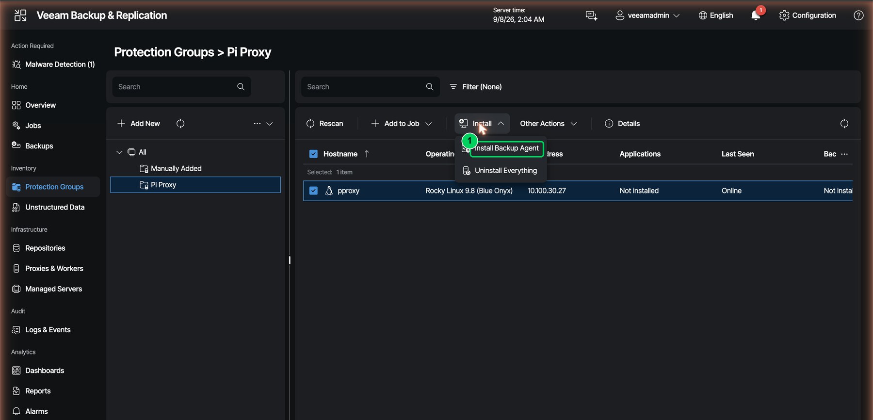 Figure 5. With the proxy discovered, Install Backup Agent pushes the agent packages from the appliance.