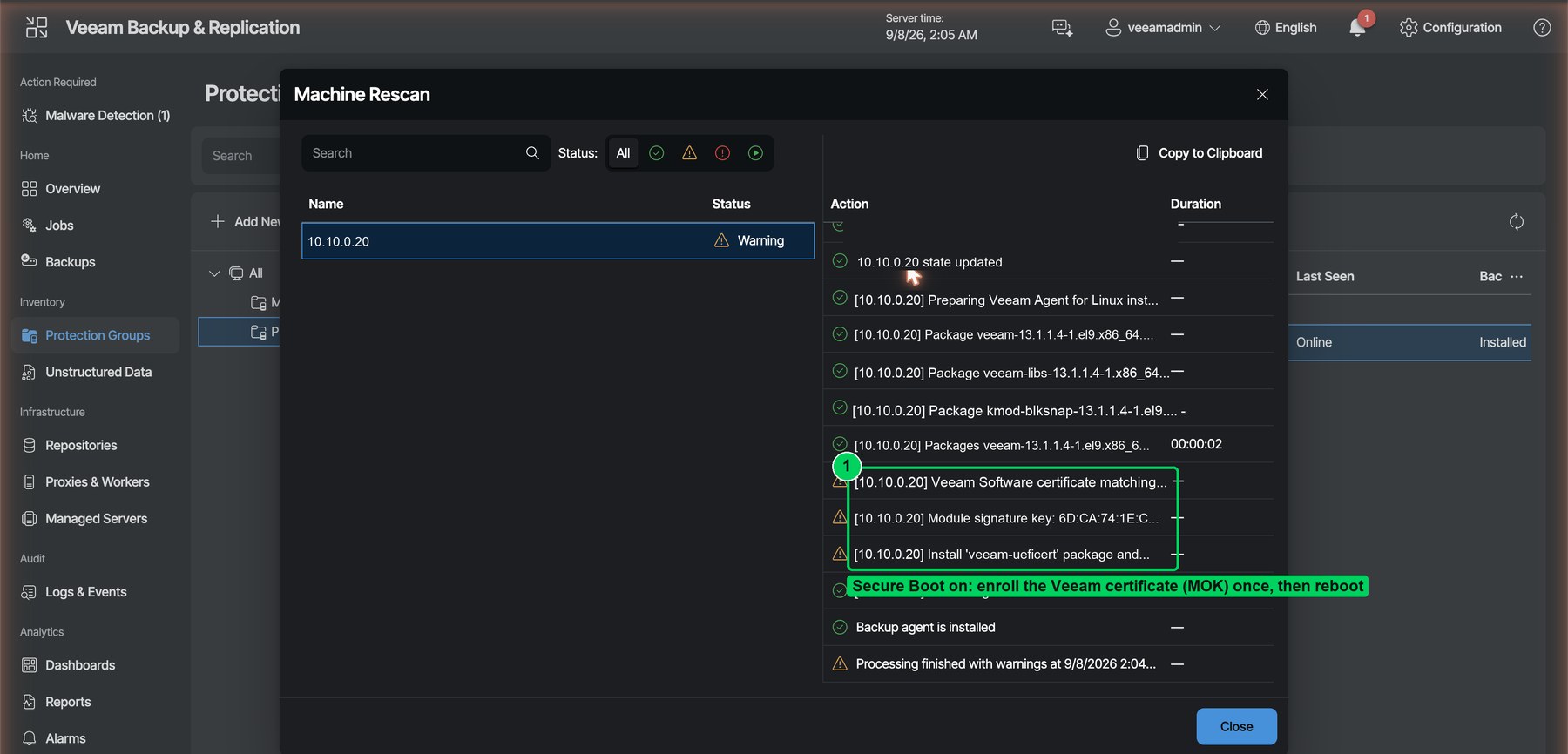 Figure 6. With Secure Boot enabled the rescan warns about the module signature and offers the veeam-ueficert package. Enroll it once with mokutil --import, reboot, and the warnings are gone.