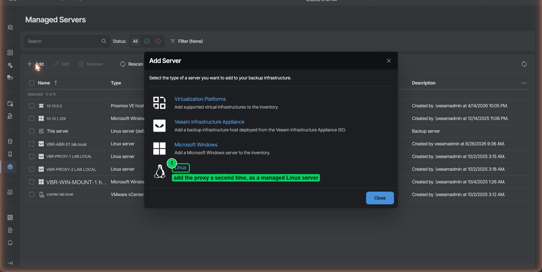 Figure 12. Managed Servers → Add → Linux. Adding the proxy as a managed server makes it visible in the console's Files view.