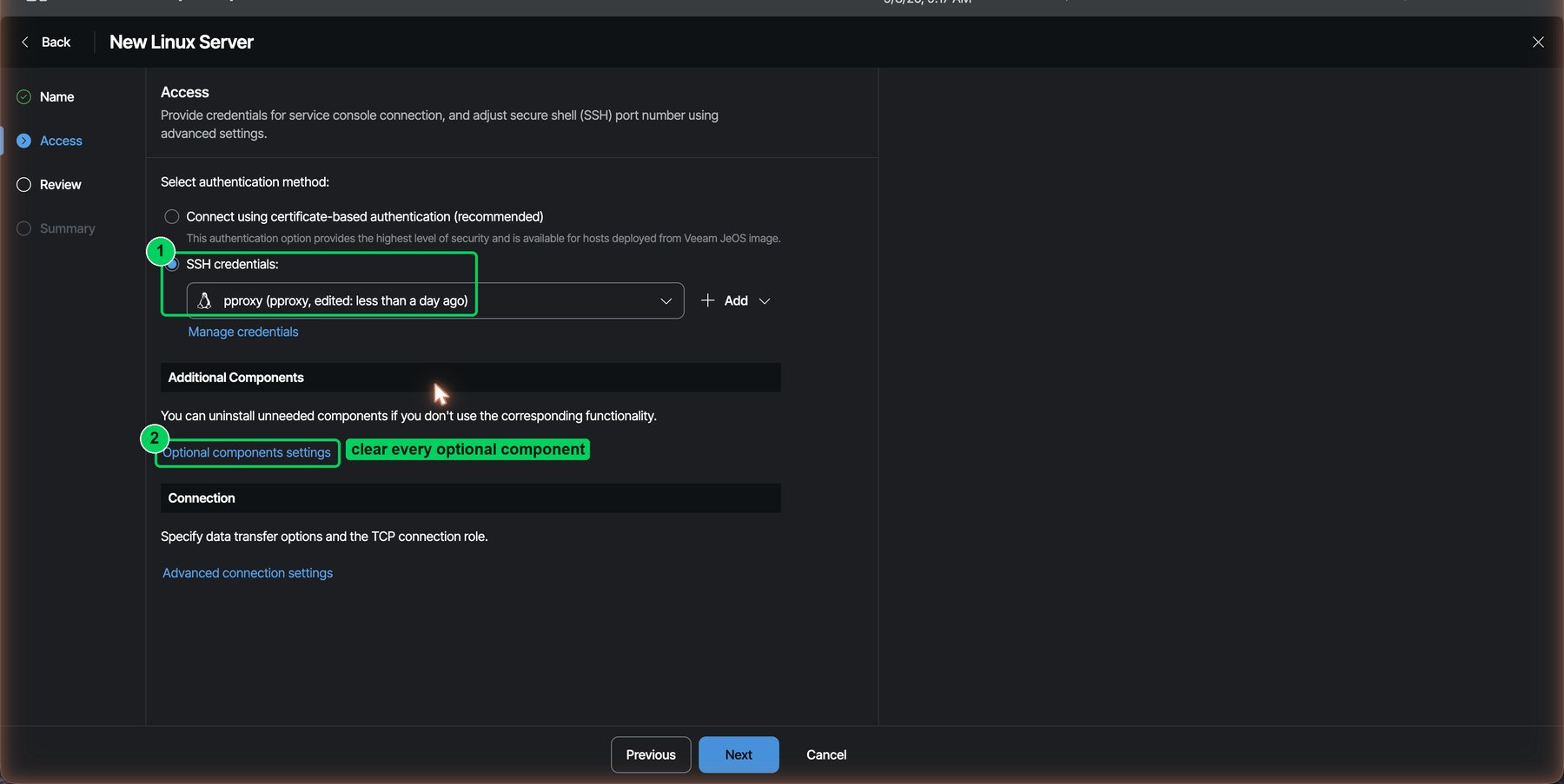Figure 13. Same SSH credential. Open Optional components settings and clear every optional component.