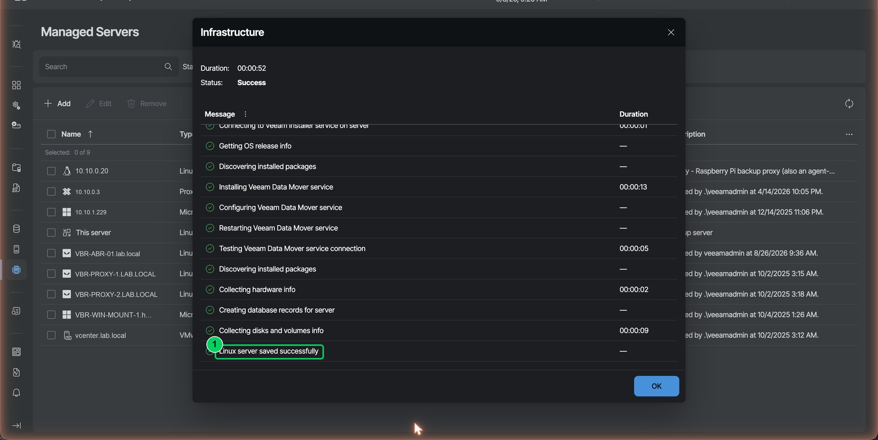 Figure 15. "Linux server saved successfully." The proxy now has both roles: agent host and managed server.