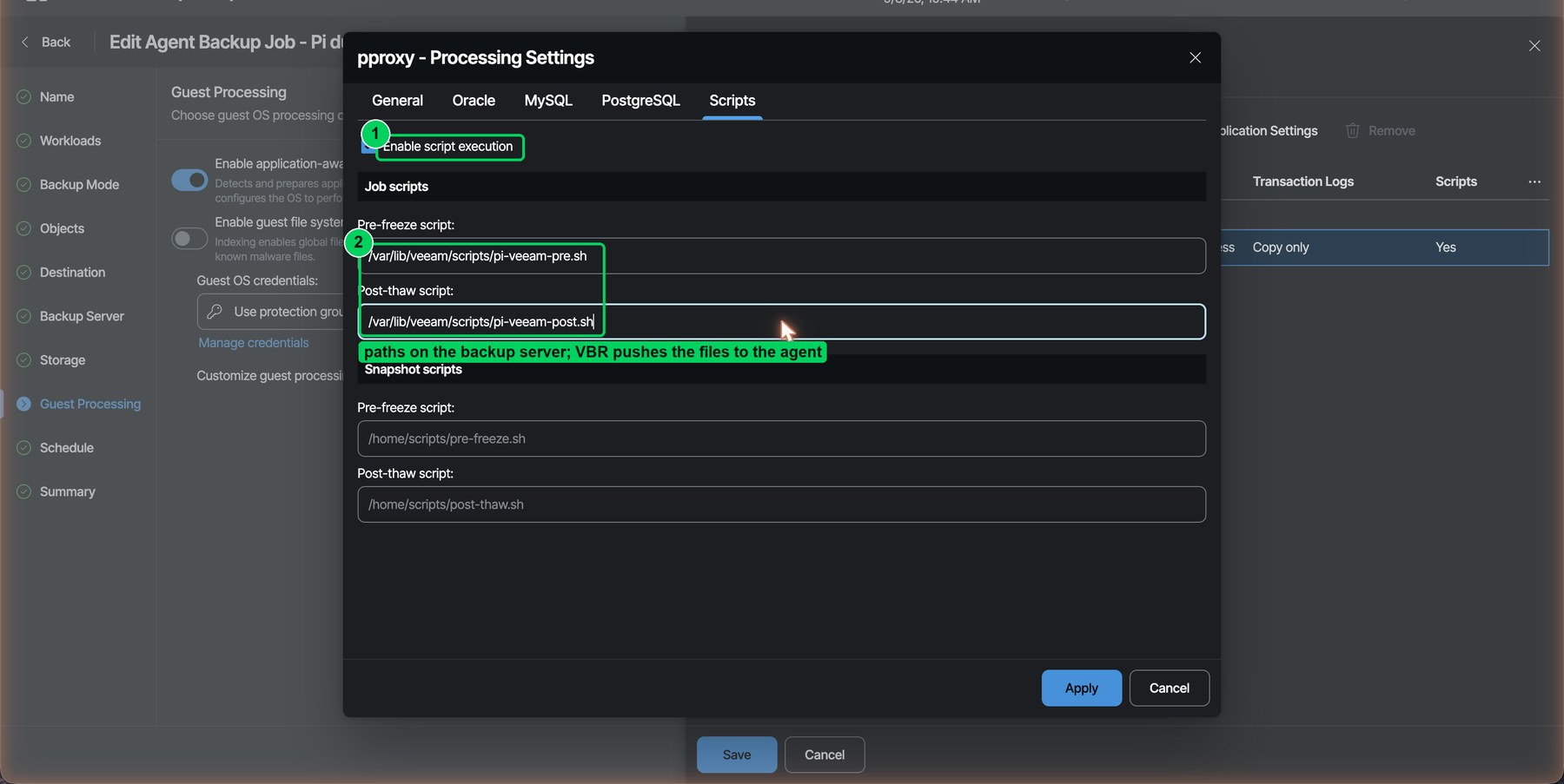 Figure 16. Job scripts point at the wrapper files on the backup server. The web console labels the pair pre-freeze/post-thaw; the thick client calls them pre-job/post-job, which is what they are.