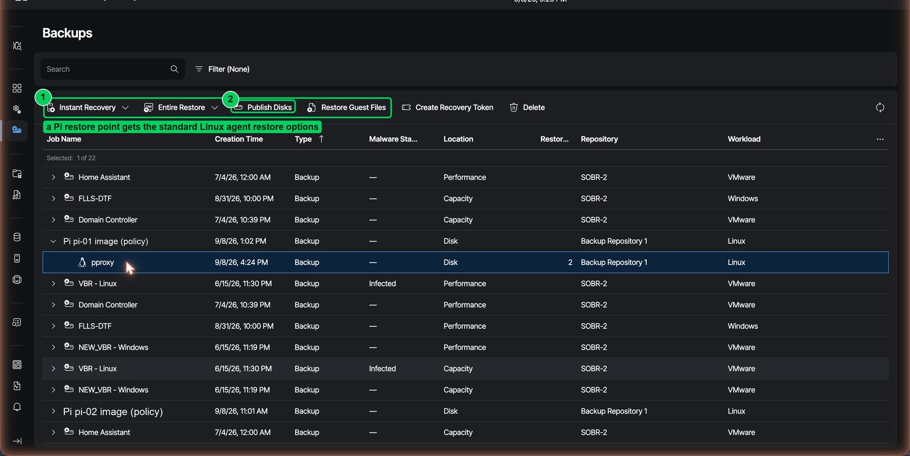 Figure 22. Select the restore point under the Pi's policy. Publish Disks is the one for a whole-card image.