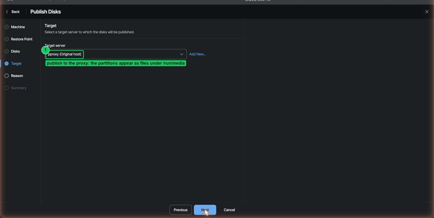 Figure 23. Publish Disks: machine → restore point → Disk 0 → target server. Publish to the proxy itself.
