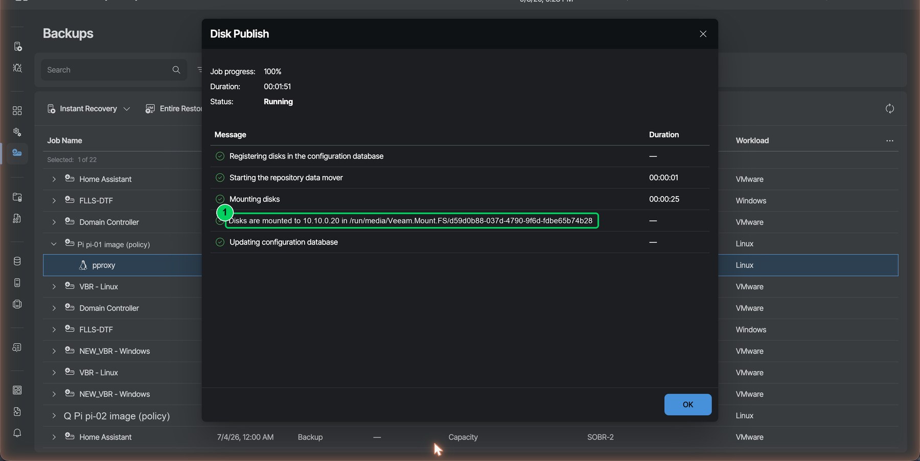 Figure 24. About two minutes later the disk is mounted on the proxy. The partitions appear as files under /run/media/Veeam.Mount.Disks/<session>/.