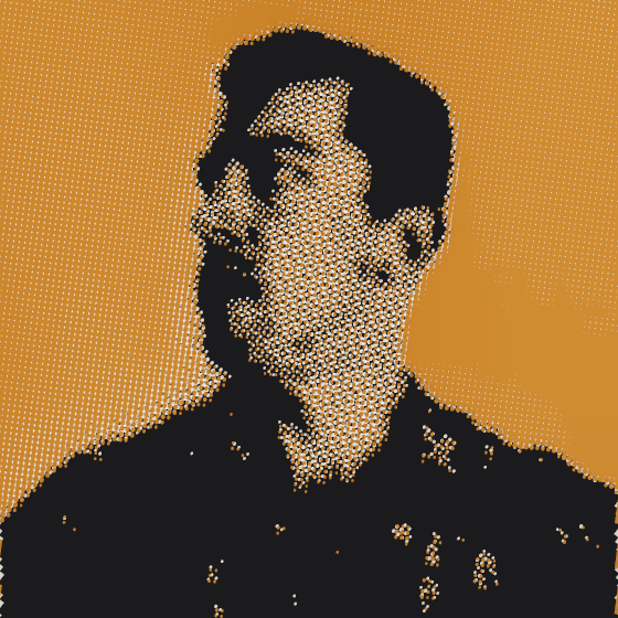 A portrait printed on a near-black shirt