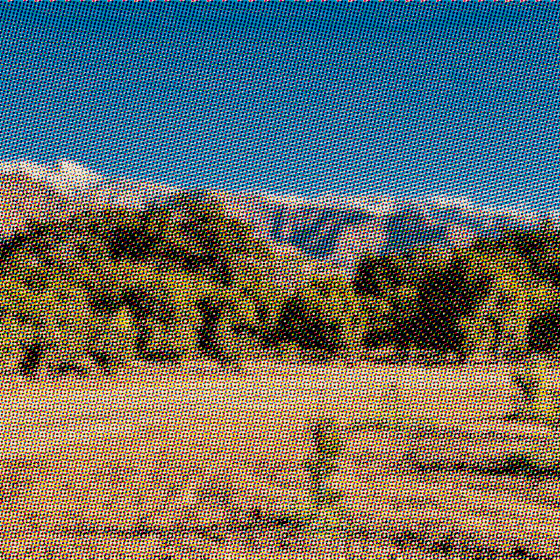 An orchard below snowy mountains, separated into four process inks