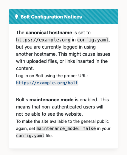 Screenshot of bobdenotter/configuration-notices