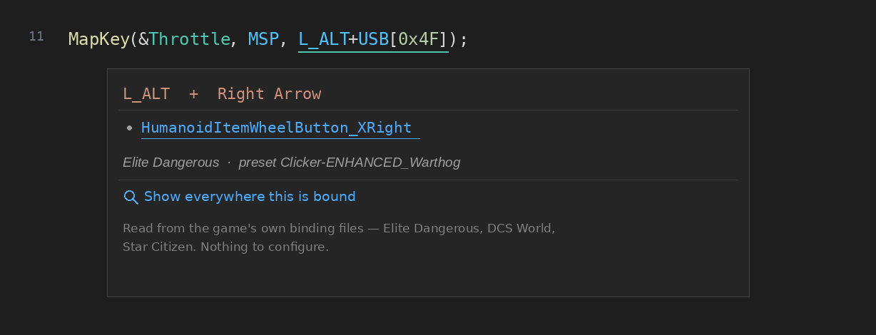 Hovering a key shows what the game binds it to