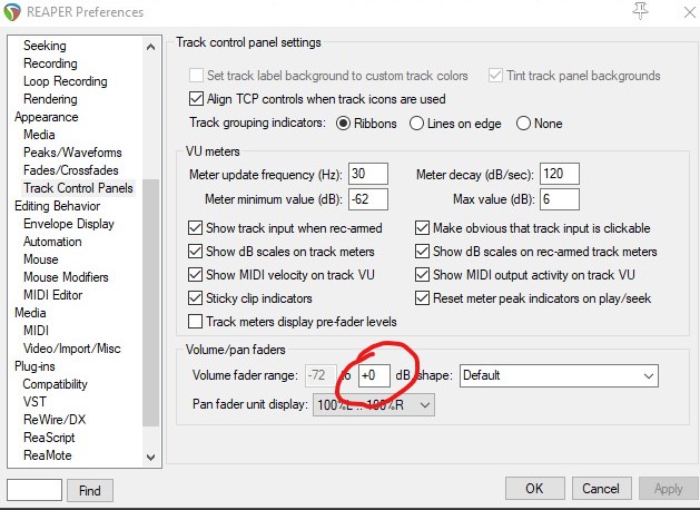 1 Preferences Volume Fader Range