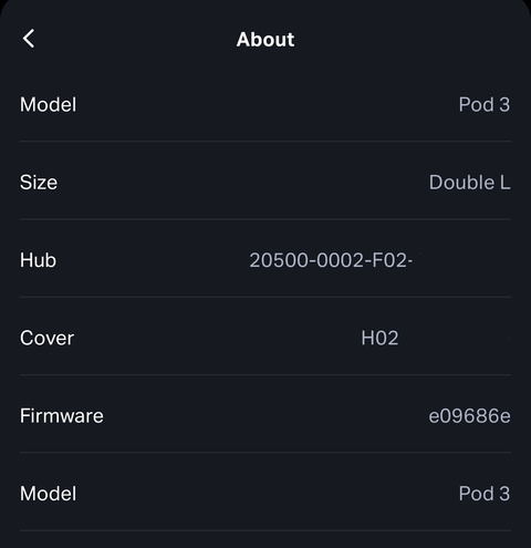screenshot of the hardware info section of the Eight Sleep app
