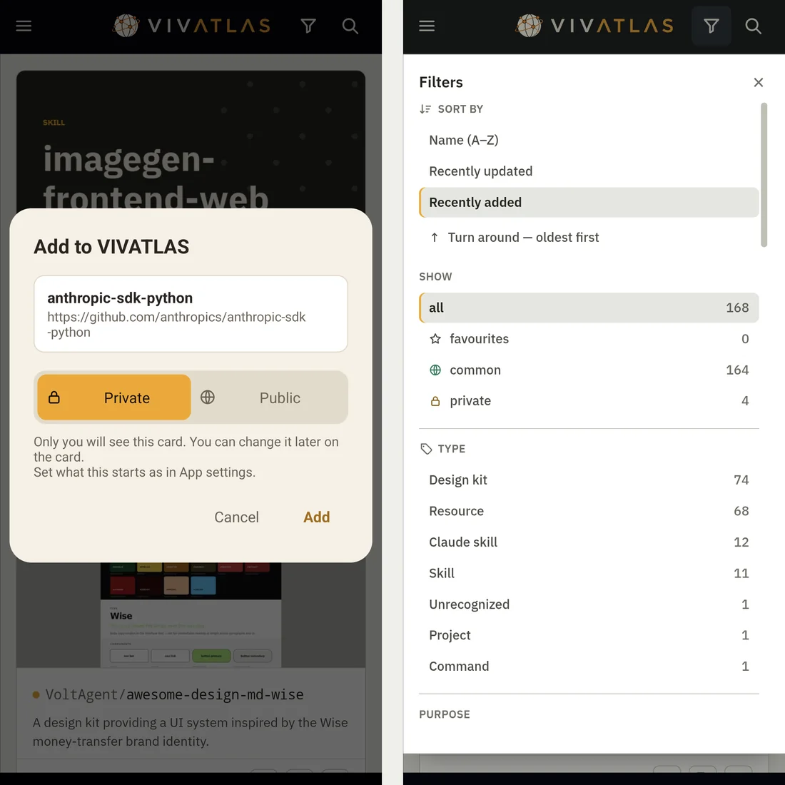 The Android app: the share sheet asking Private or Public, and the filter panel with sorting folded in