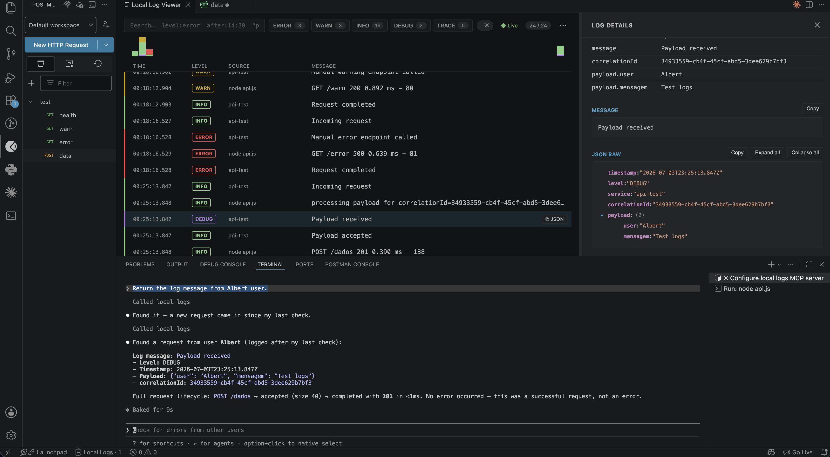 Claude Code querying the local MCP server for captured logs
