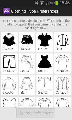 Updating preferences for clothing type