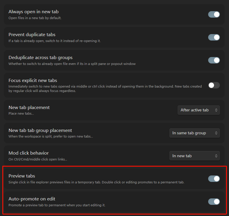 preview-tabs settings