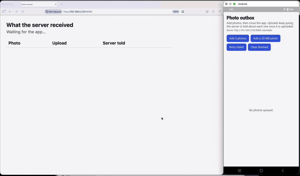 Demo on an Android phone: photos are queued, the app goes to the home screen, the uploads still reach the server, and the server is told about each one when the app is opened again