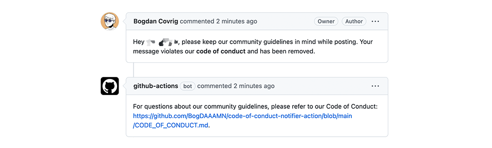 Actions Bot commenting "Please keep our community guidelines in mind while posting. Your message violates our code of conduct and has been removed."
